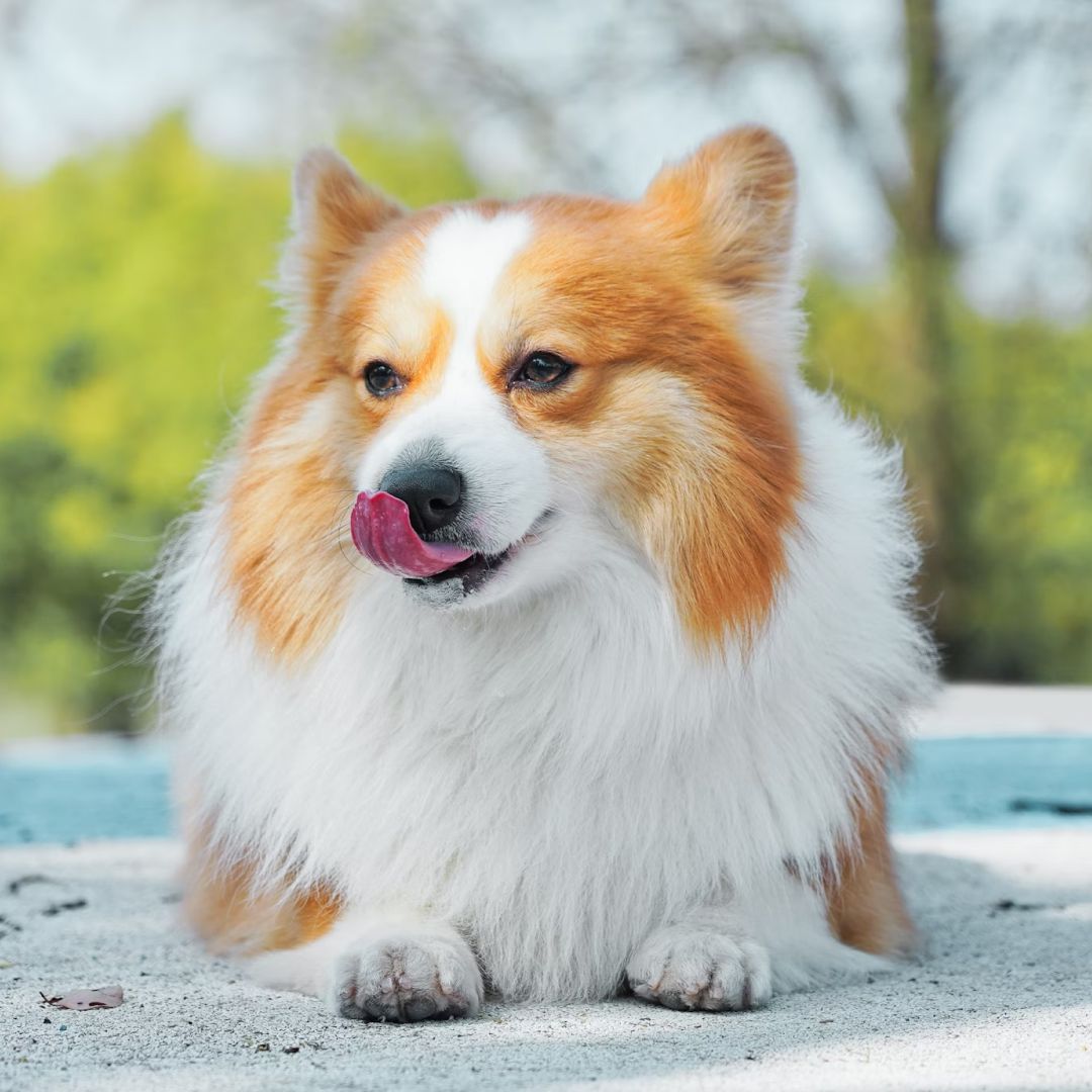 white and brown dog lying on ground
